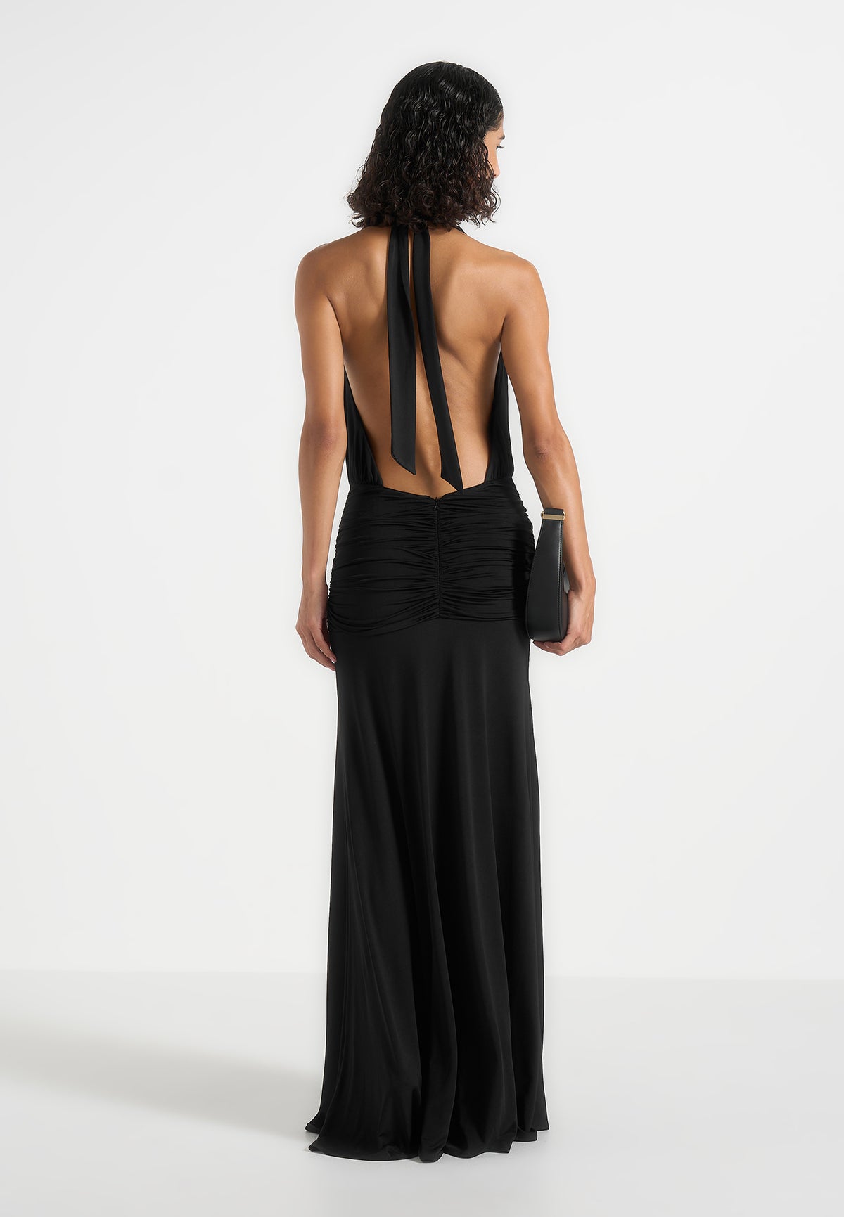 Ida - Plunge Halter Draped Hardware Maxi Dress - Black