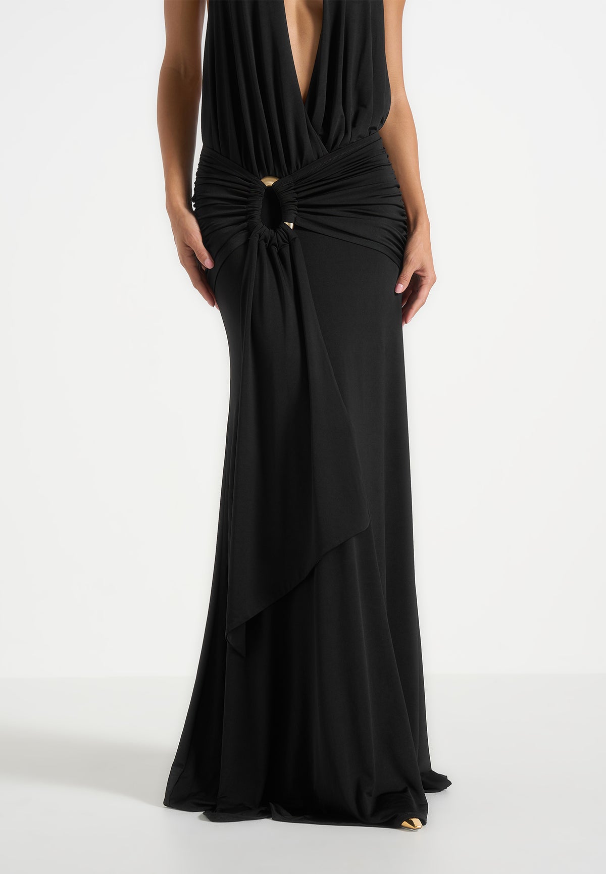 Ida - Plunge Halter Draped Hardware Maxi Dress - Black