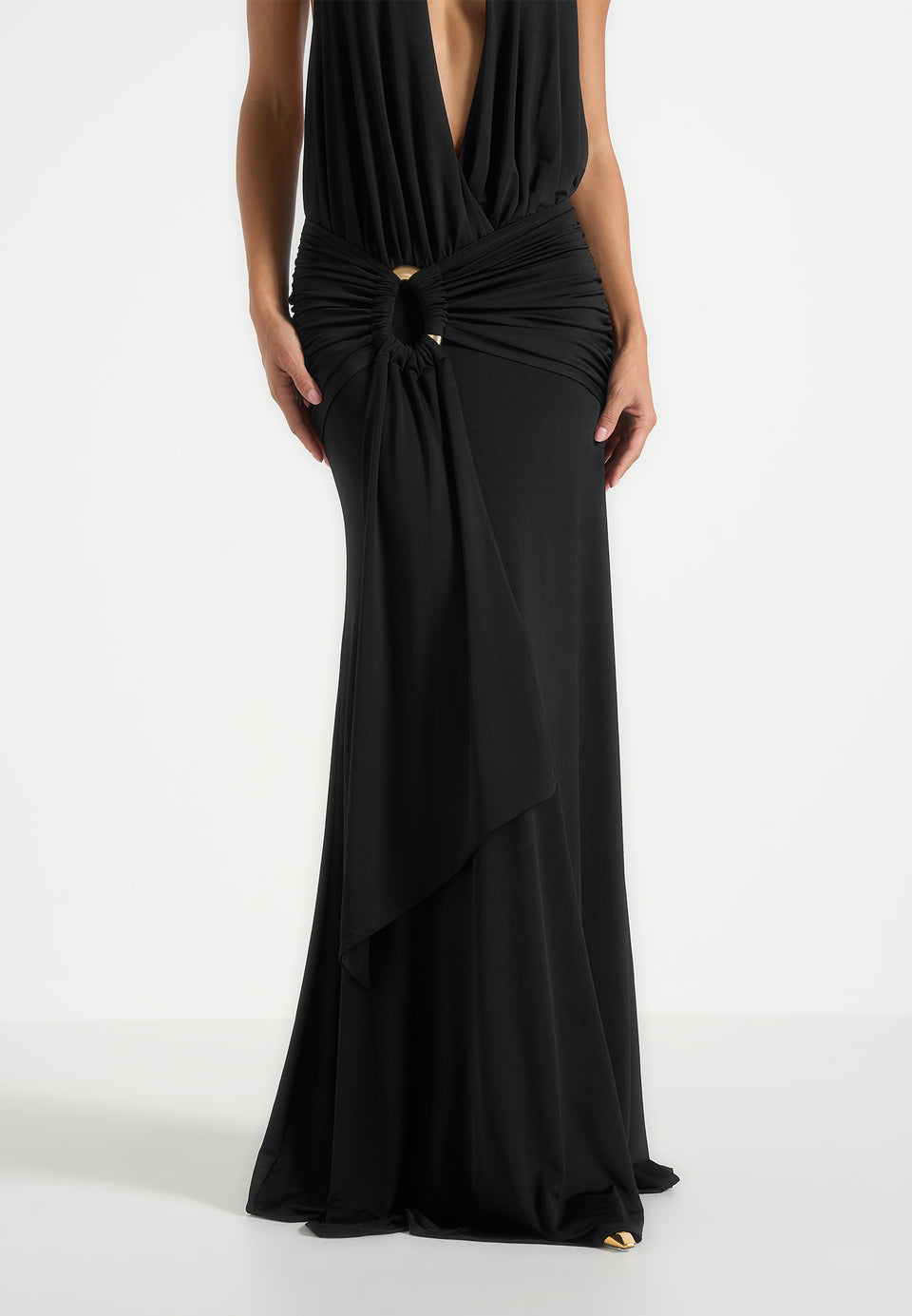 Ida - Plunge Halter Draped Hardware Maxi Dress - Black