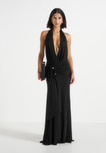 Ida - Plunge Halter Draped Hardware Maxi Dress - Black