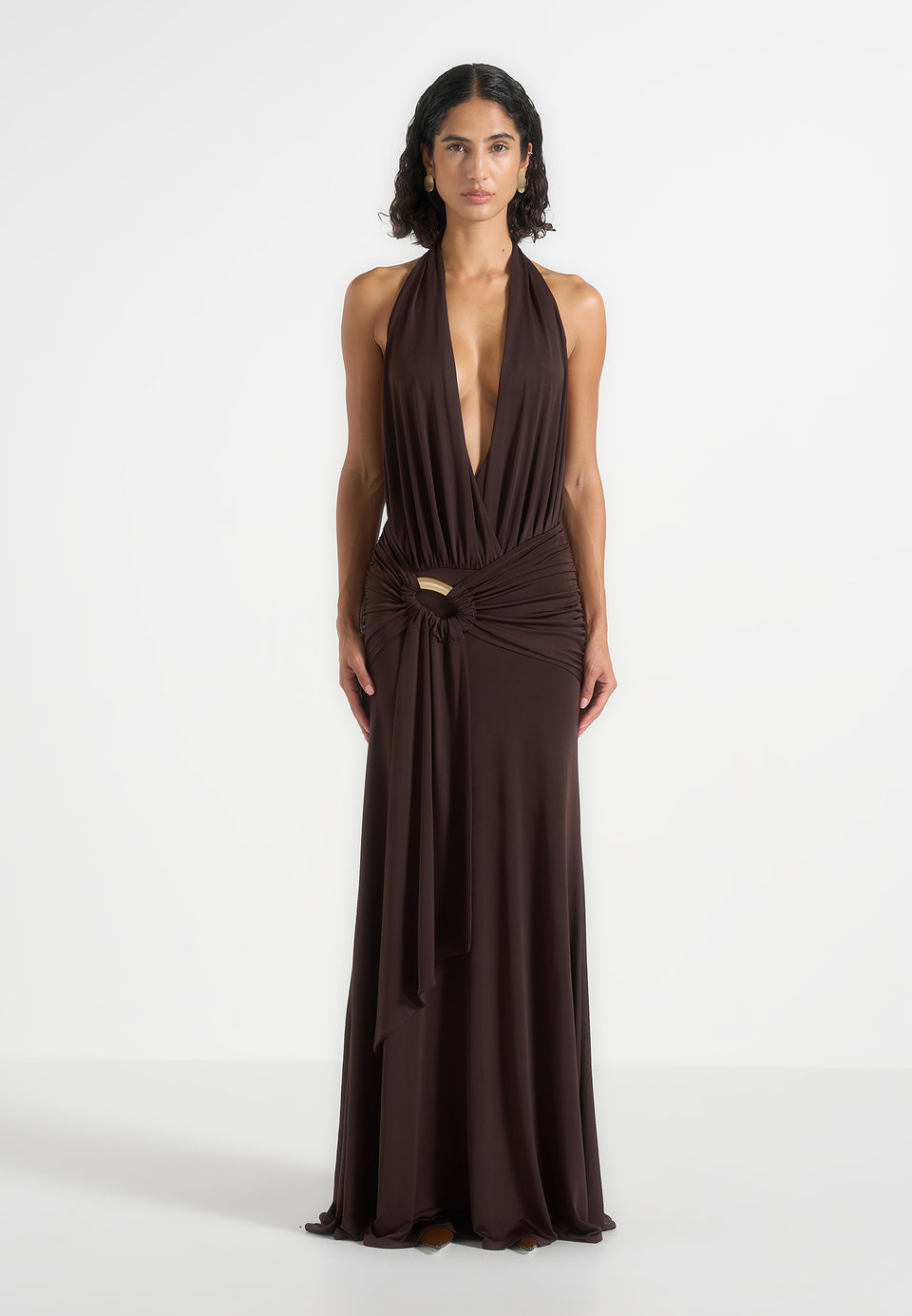 Ida - Plunge Halter Draped Hardware Maxi Dress - Brown