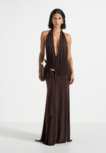 Ida - Plunge Halter Draped Hardware Maxi Dress - Brown