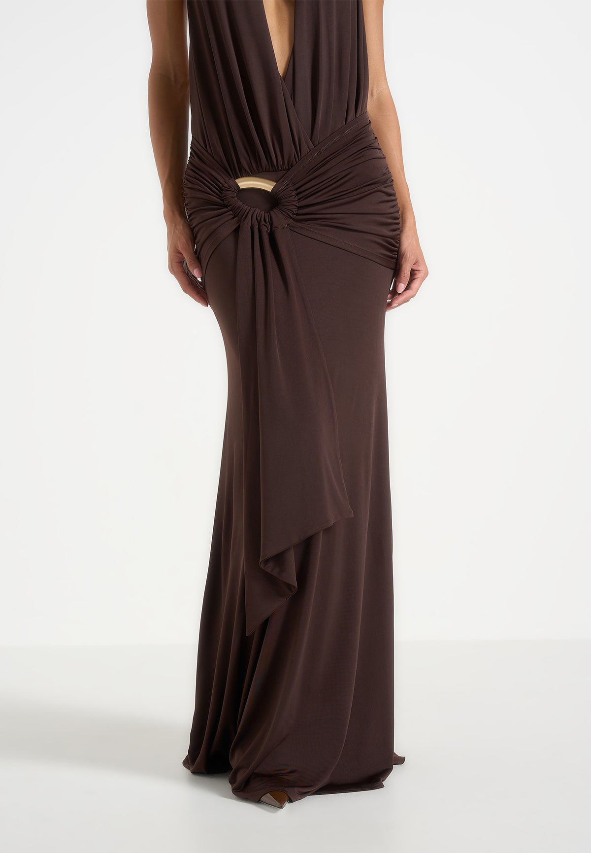 Ida - Plunge Halter Draped Hardware Maxi Dress - Brown