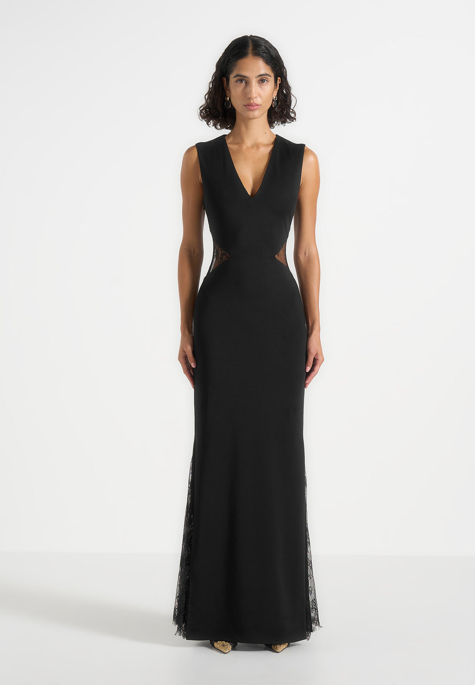 Georgina - V-Neck Chantilly Lace Back Maxi Dress - Black