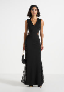 Georgina - V-Neck Chantilly Lace Back Maxi Dress - Black