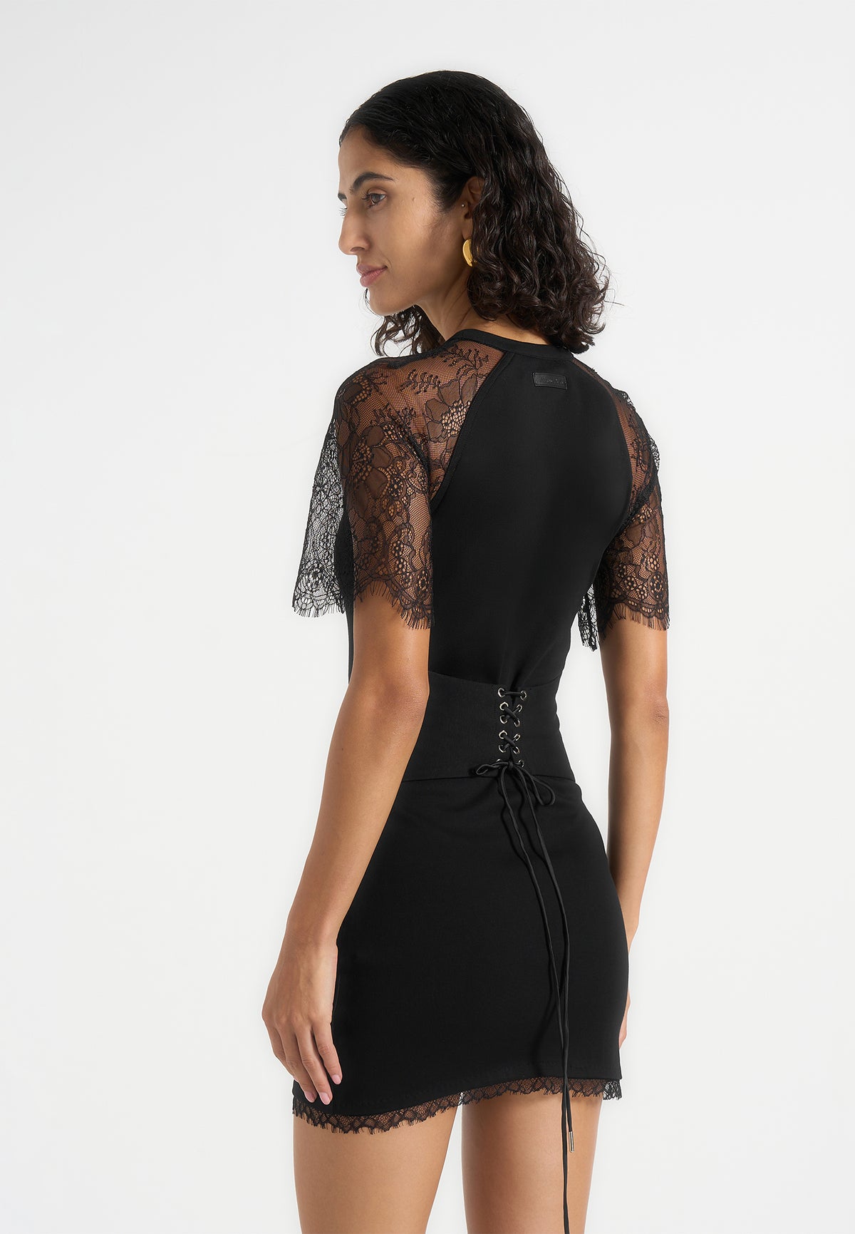 Nadia - Chantilly Lace Sleeve Mini Dress With Lace-Up Back - Black