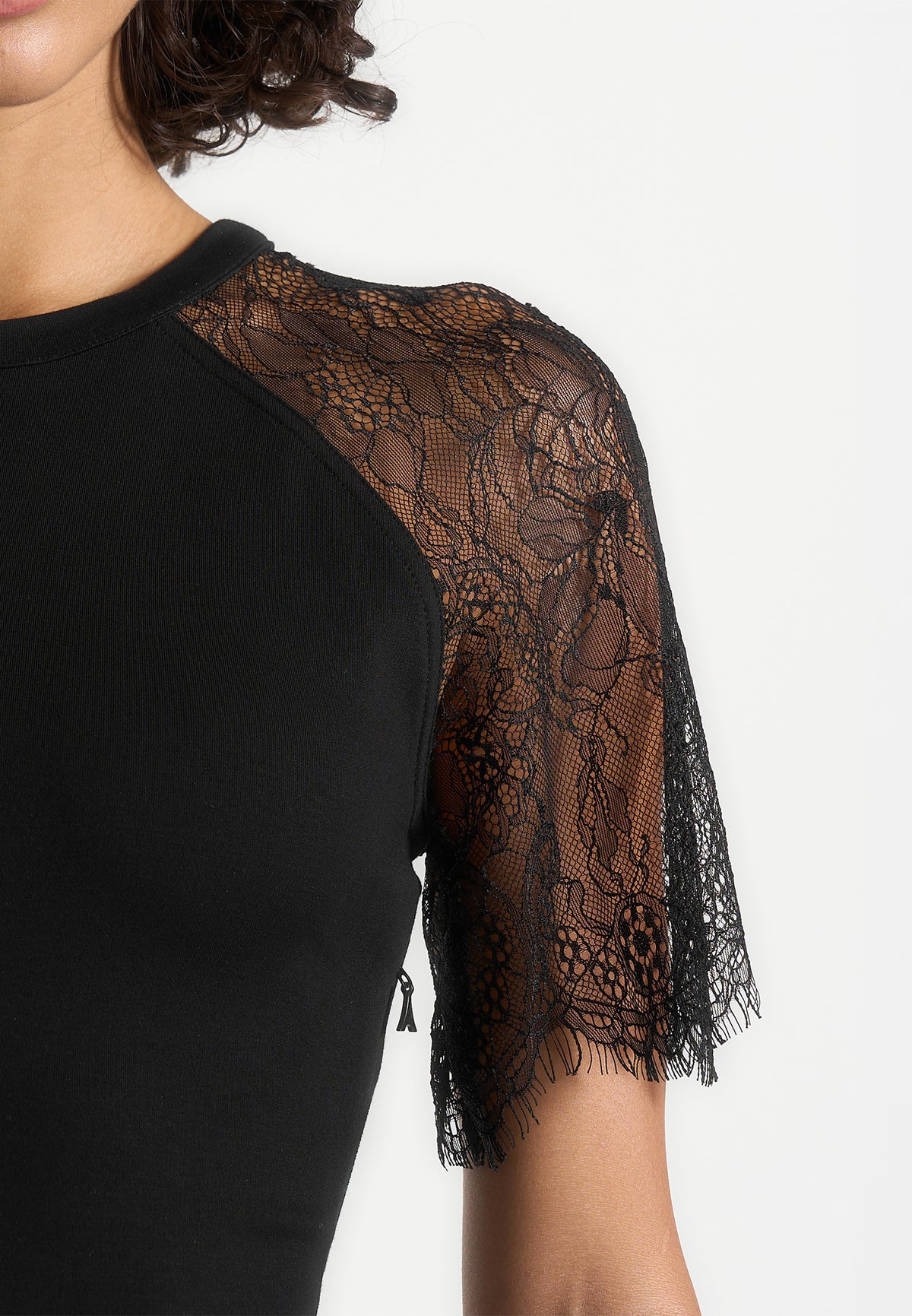 Nadia - Chantilly Lace Sleeve Mini Dress With Lace-Up Back - Black