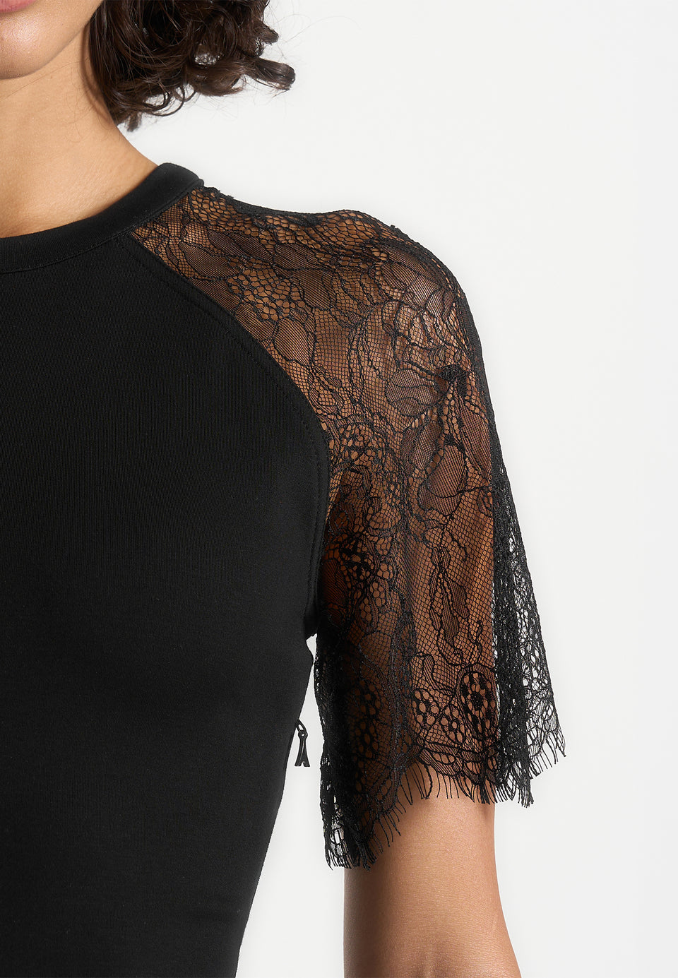 Nadia - Chantilly Lace Sleeve Mini Dress With Lace-Up Back - Black