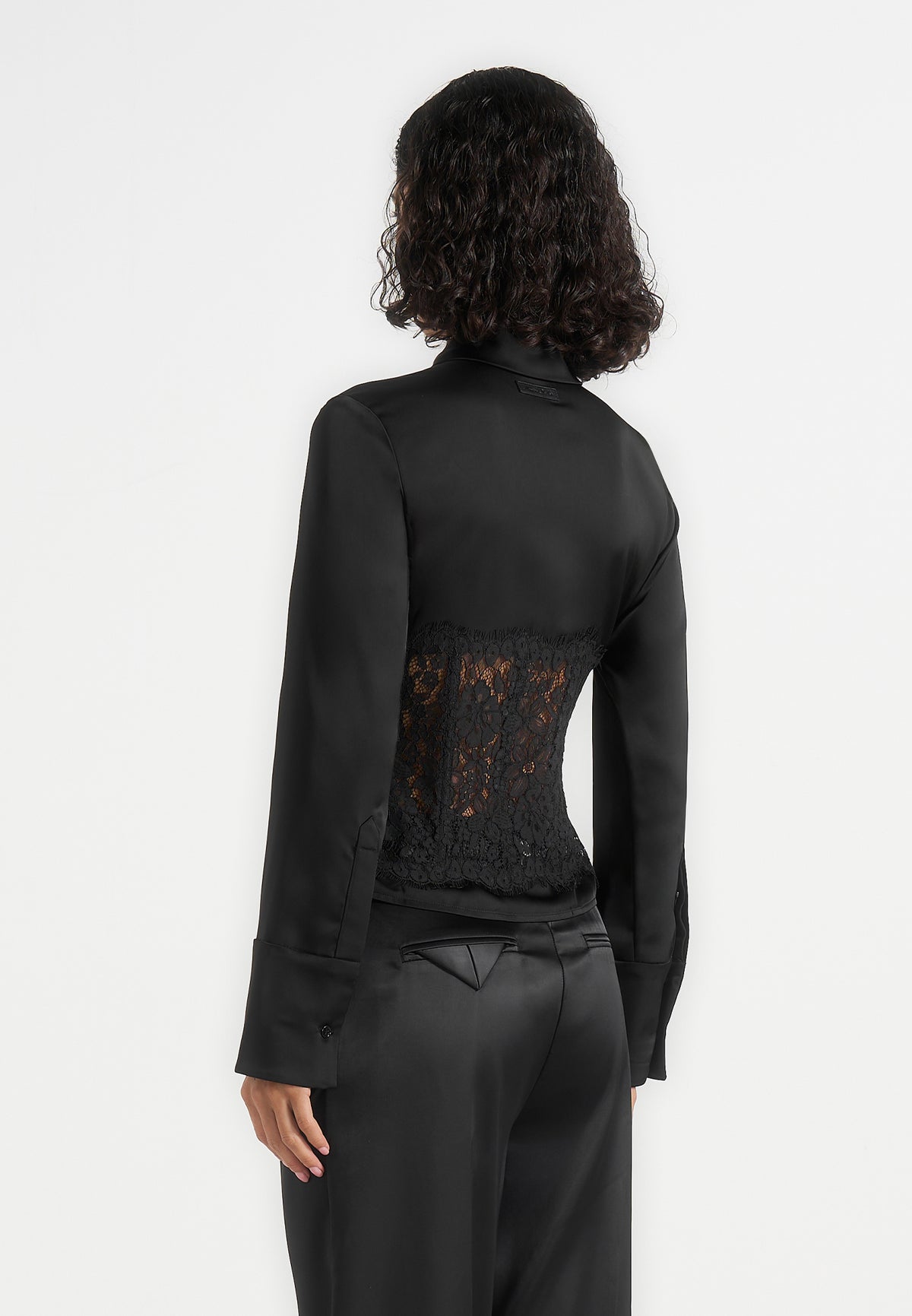 Ethel - Satin Shirt With Lace Corset Panel - Black