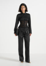 Ethel - Satin Shirt With Lace Corset Panel - Black