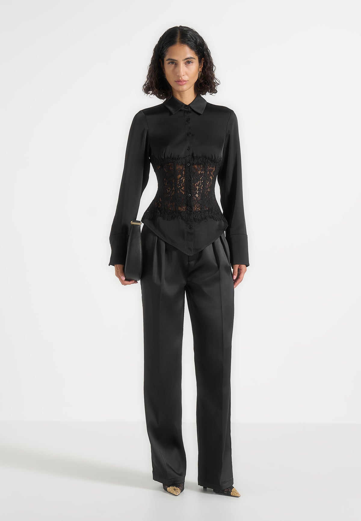 Ethel - Satin Shirt With Lace Corset Panel - Black