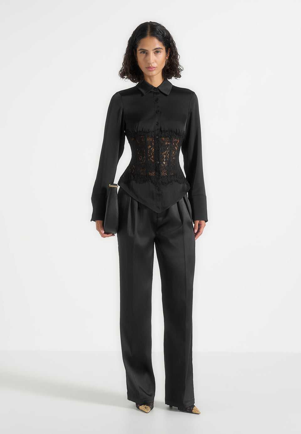 Ethel - Satin Shirt With Lace Corset Panel - Black