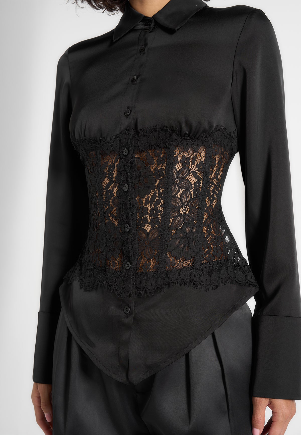 Ethel - Satin Shirt With Lace Corset Panel - Black