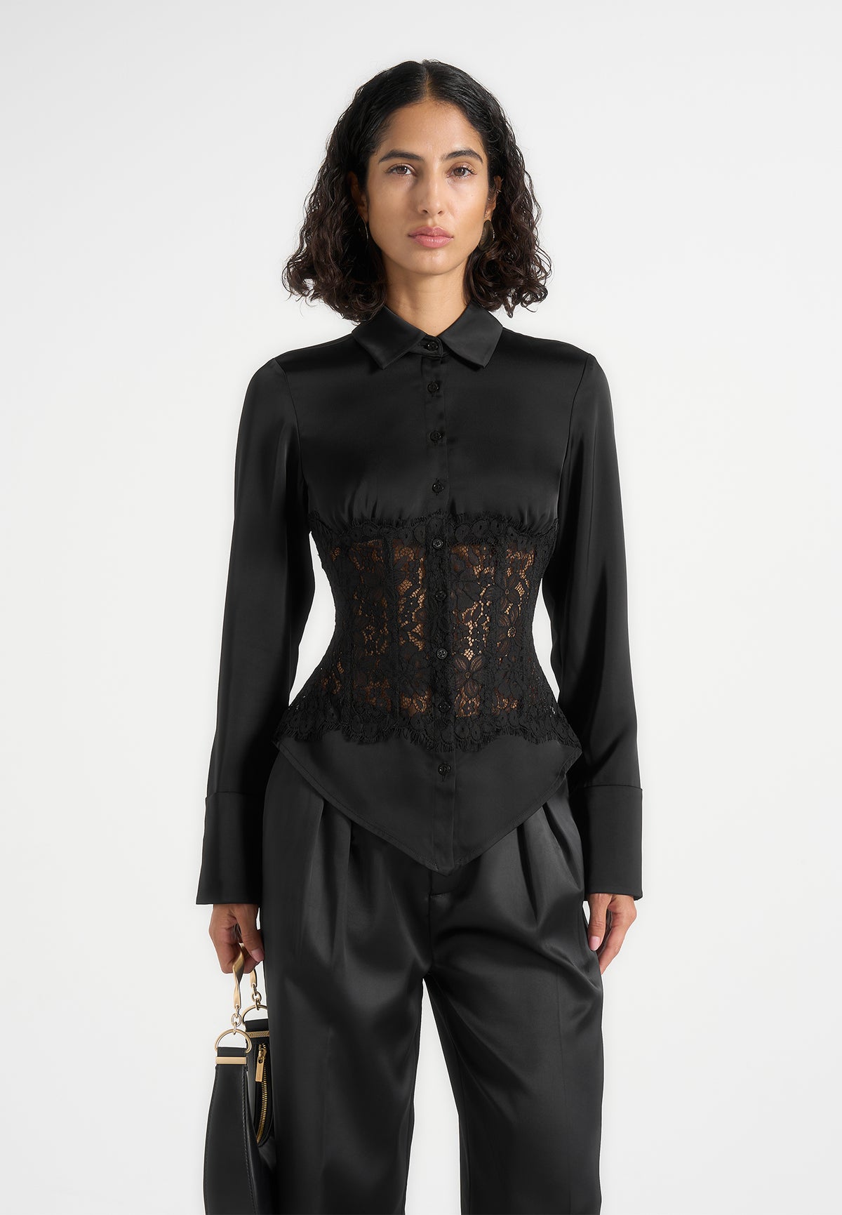 Ethel - Satin Shirt With Lace Corset Panel - Black