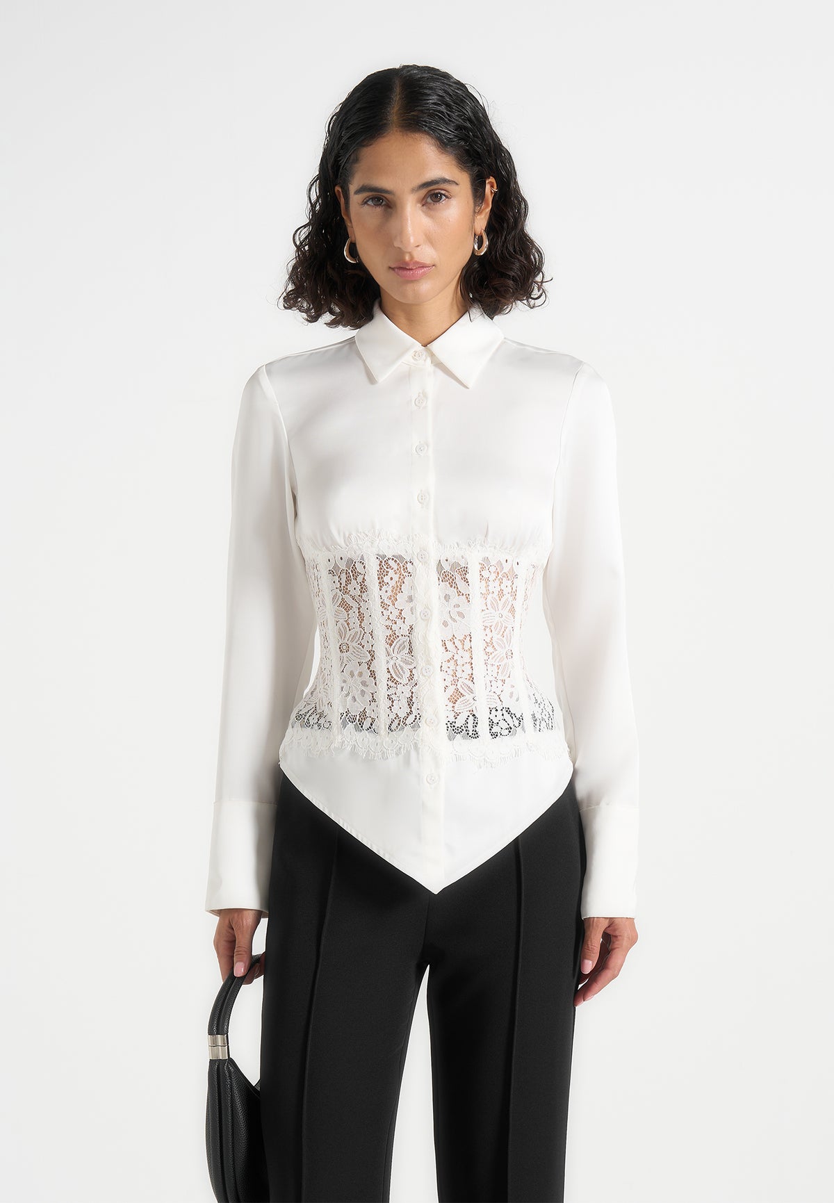 Ethel - Satin Shirt With Lace Corset Panel - Ivory