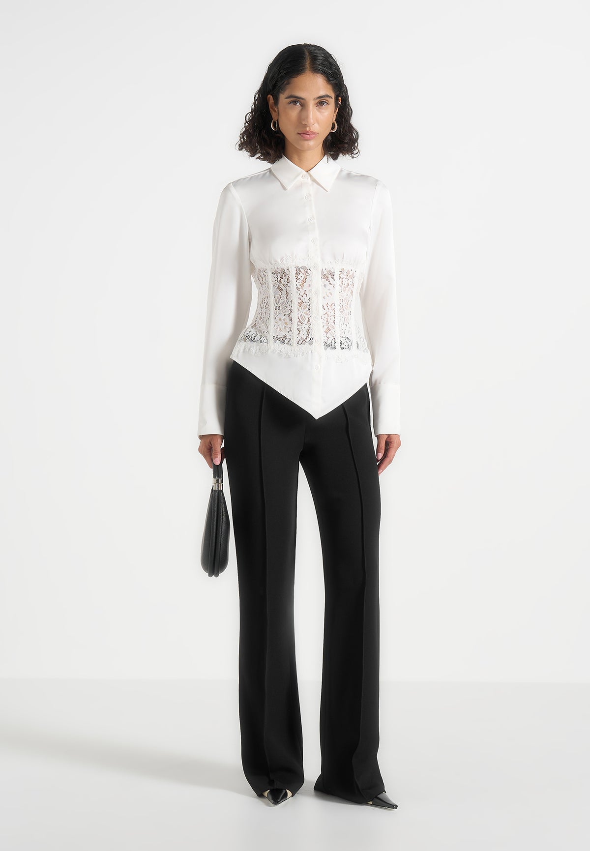 Ethel - Satin Shirt With Lace Corset Panel - Ivory
