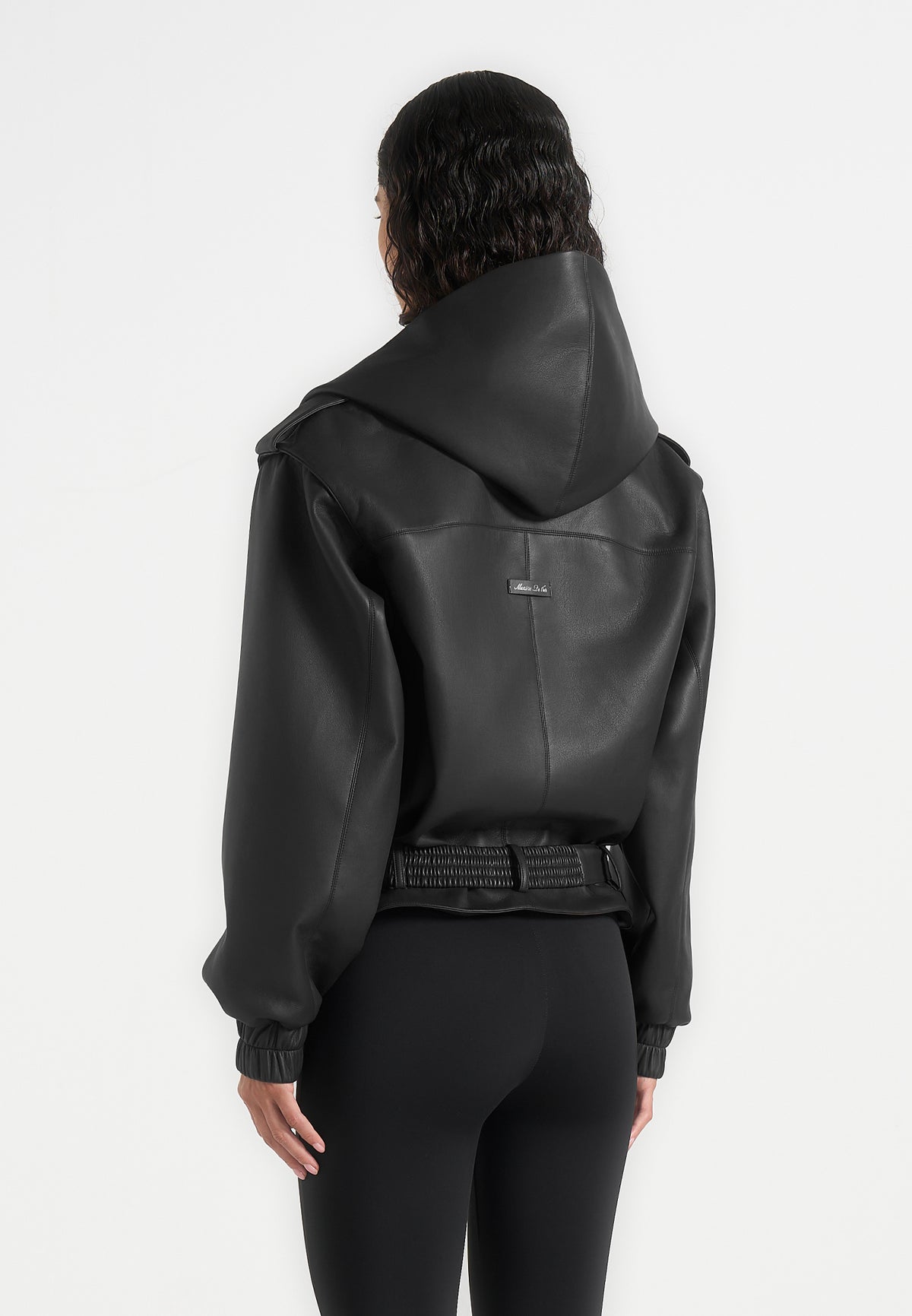 Alanna - Hooded Cropped Leather Jacket With Belt - Black