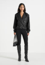 Alanna - Hooded Cropped Leather Jacket With Belt - Black