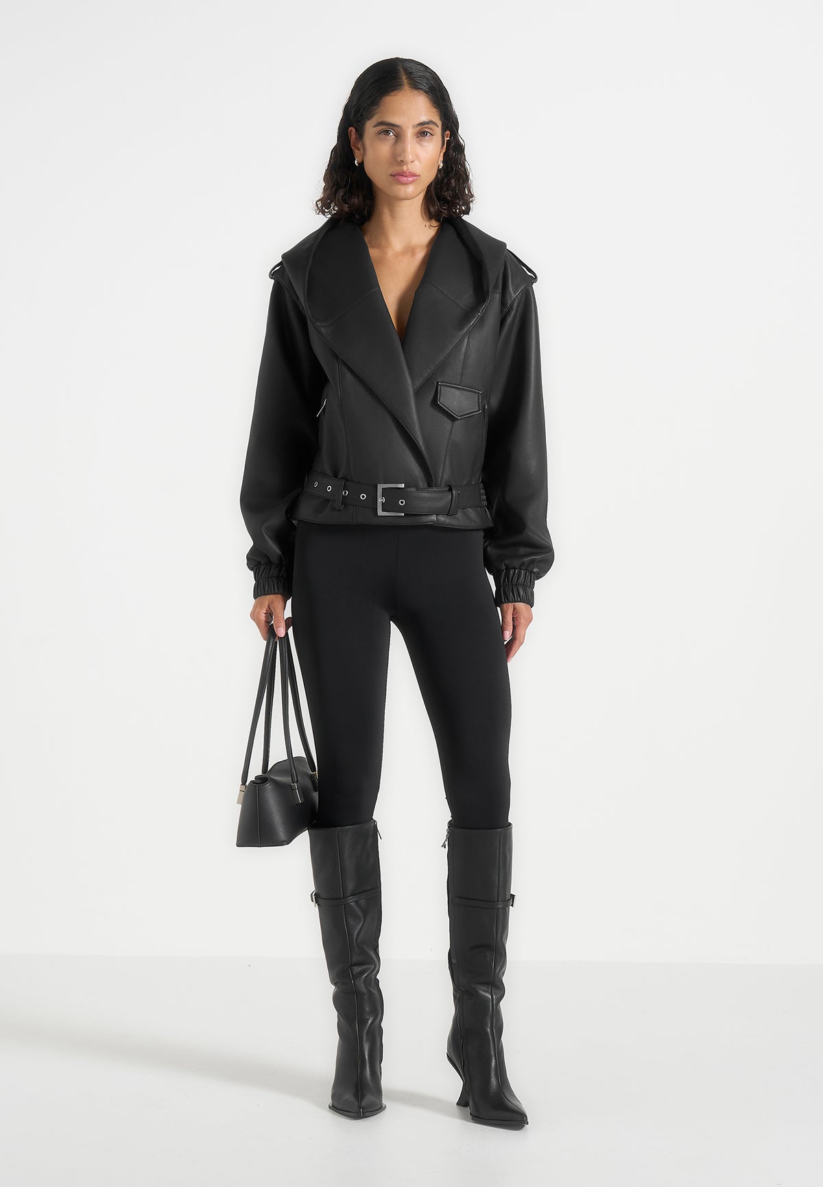 Alanna - Hooded Cropped Leather Jacket With Belt - Black