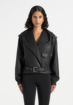 Alanna - Hooded Cropped Leather Jacket With Belt - Black
