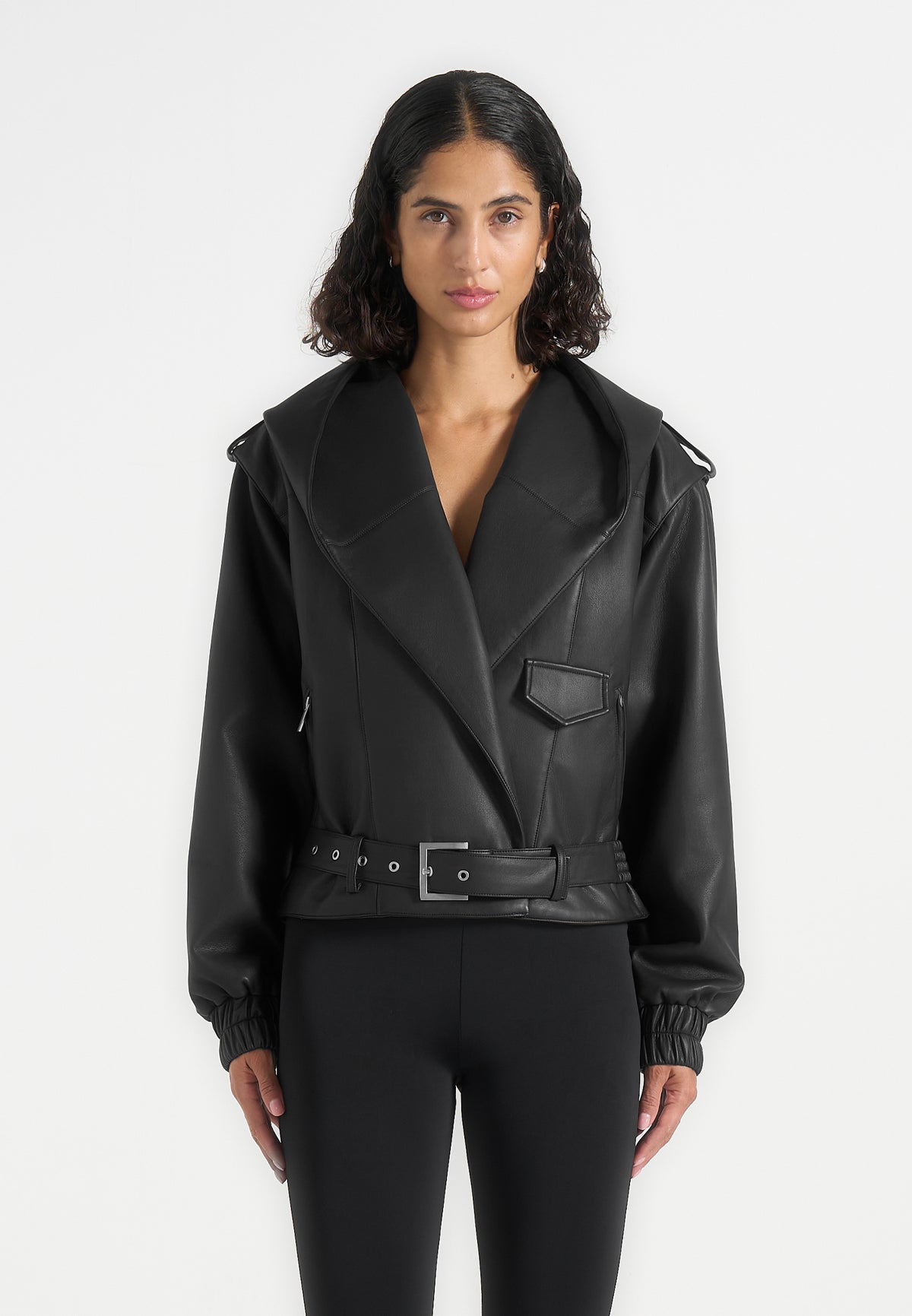 Alanna - Hooded Cropped Leather Jacket With Belt - Black