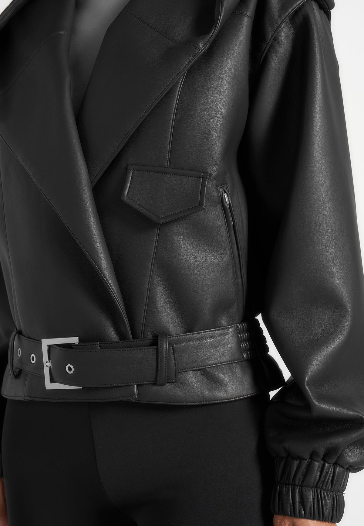 Alanna - Hooded Cropped Leather Jacket With Belt - Black