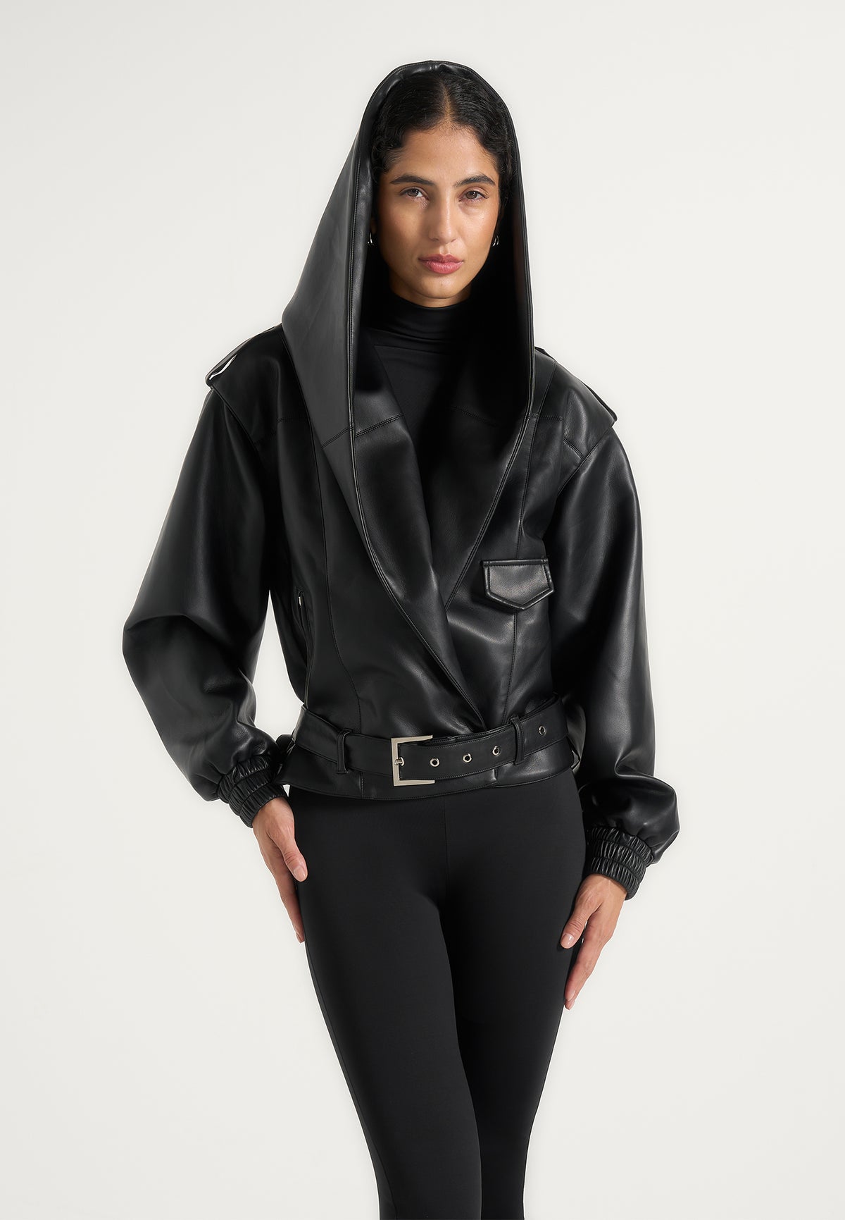 Tamsin - Hooded Cropped Leather Jacket With Belt - Black