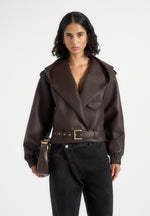 Alanna - Hooded Cropped Leather Jacket With Belt - Brown