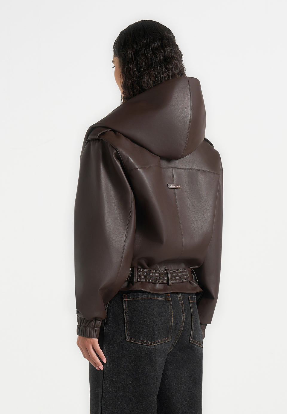 Alanna - Hooded Cropped Leather Jacket With Belt - Brown