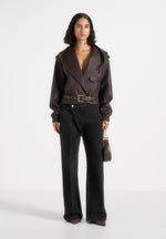 Alanna - Hooded Cropped Leather Jacket With Belt - Brown
