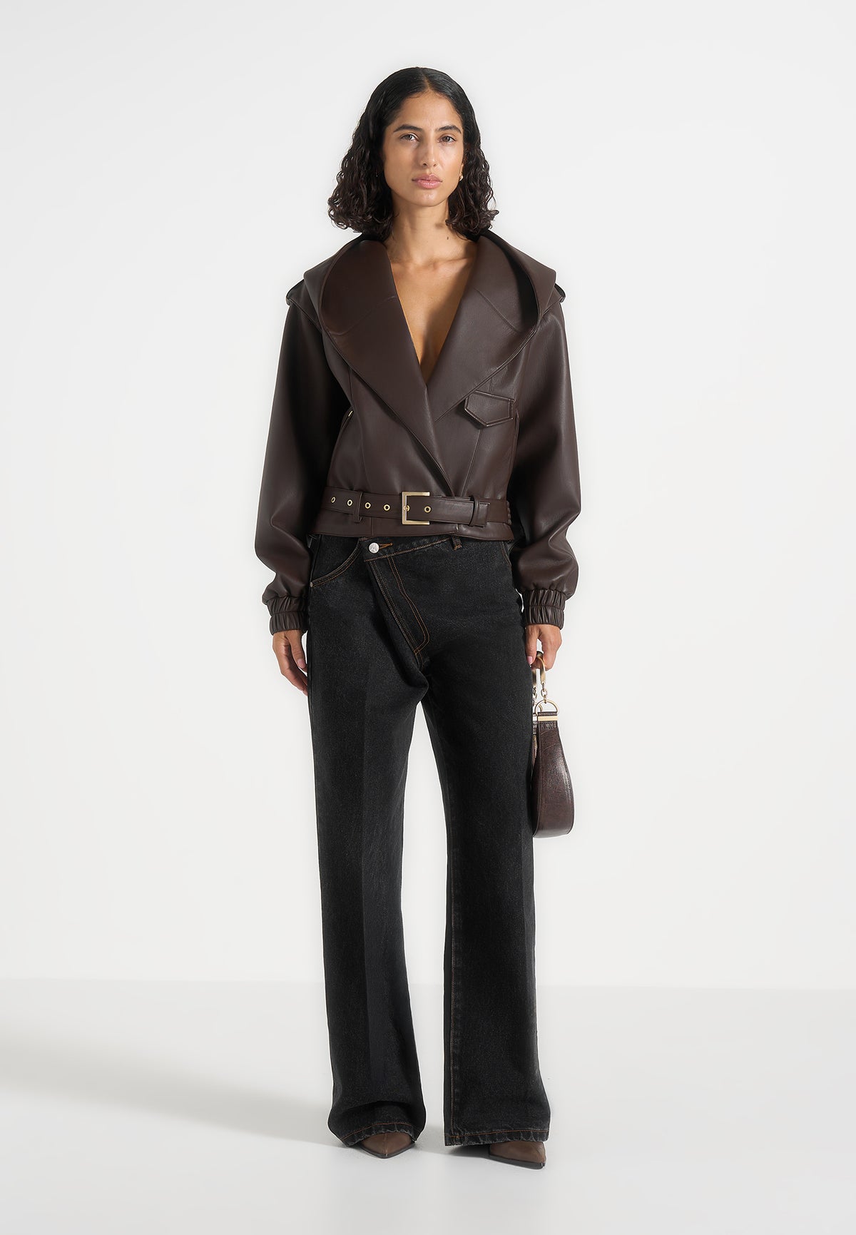 Alanna - Hooded Cropped Leather Jacket With Belt - Brown