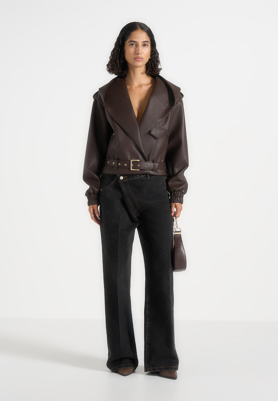 Alanna - Hooded Cropped Leather Jacket With Belt - Brown