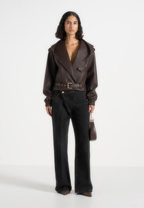 Alanna - Hooded Cropped Leather Jacket With Belt - Brown