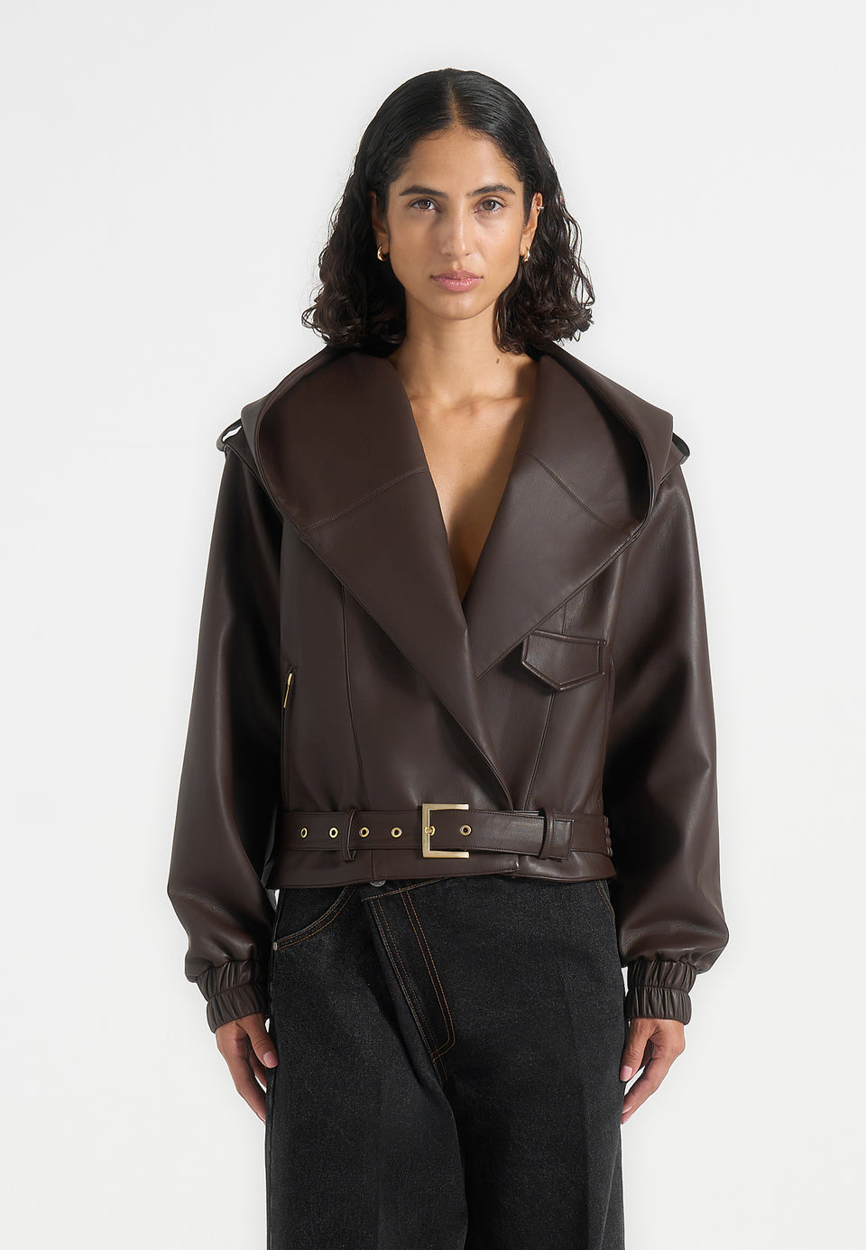 Alanna - Hooded Cropped Leather Jacket With Belt - Brown