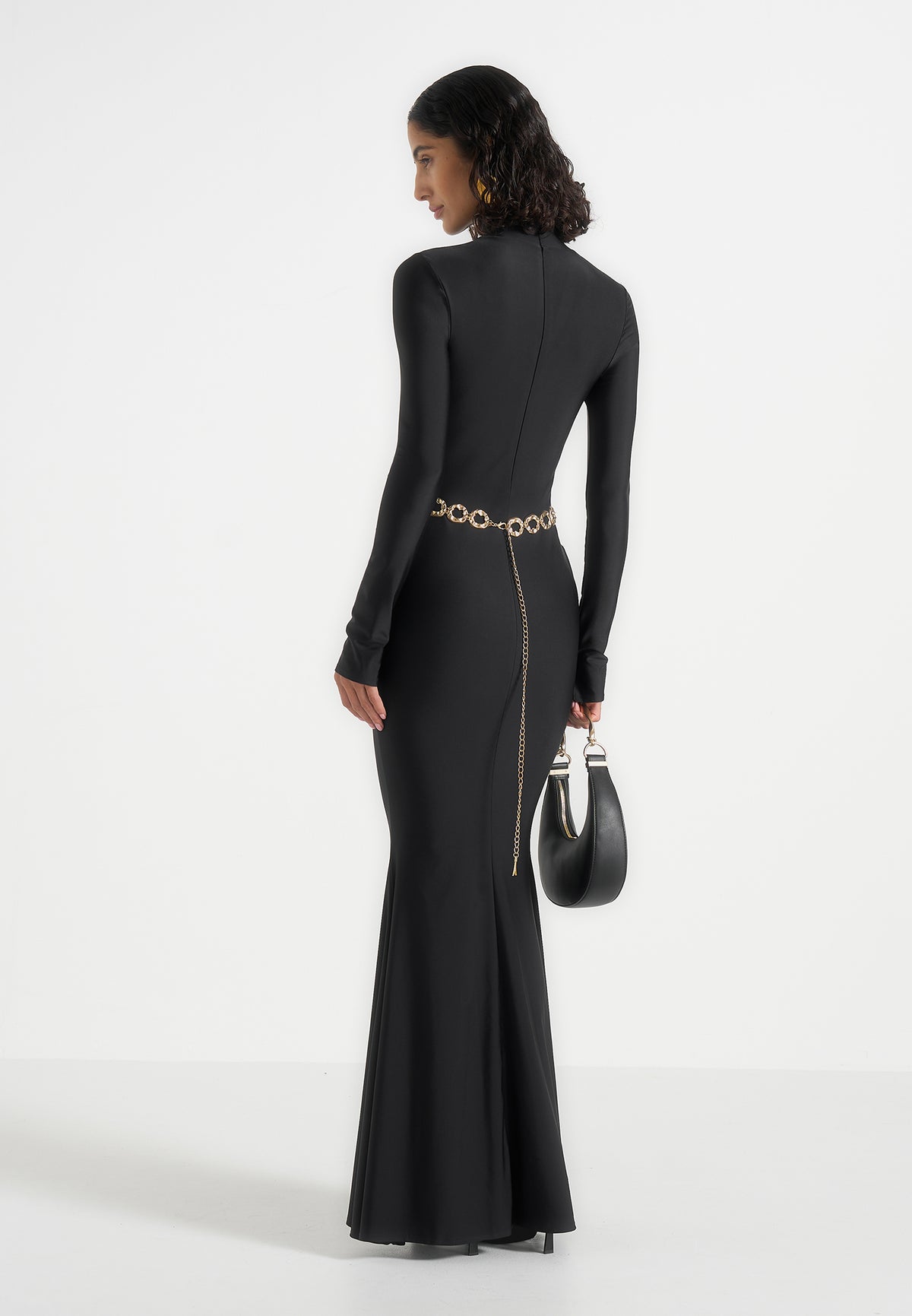 Angelica - High Neck Long Sleeve Maxi Dress With Chain Belt - Black
