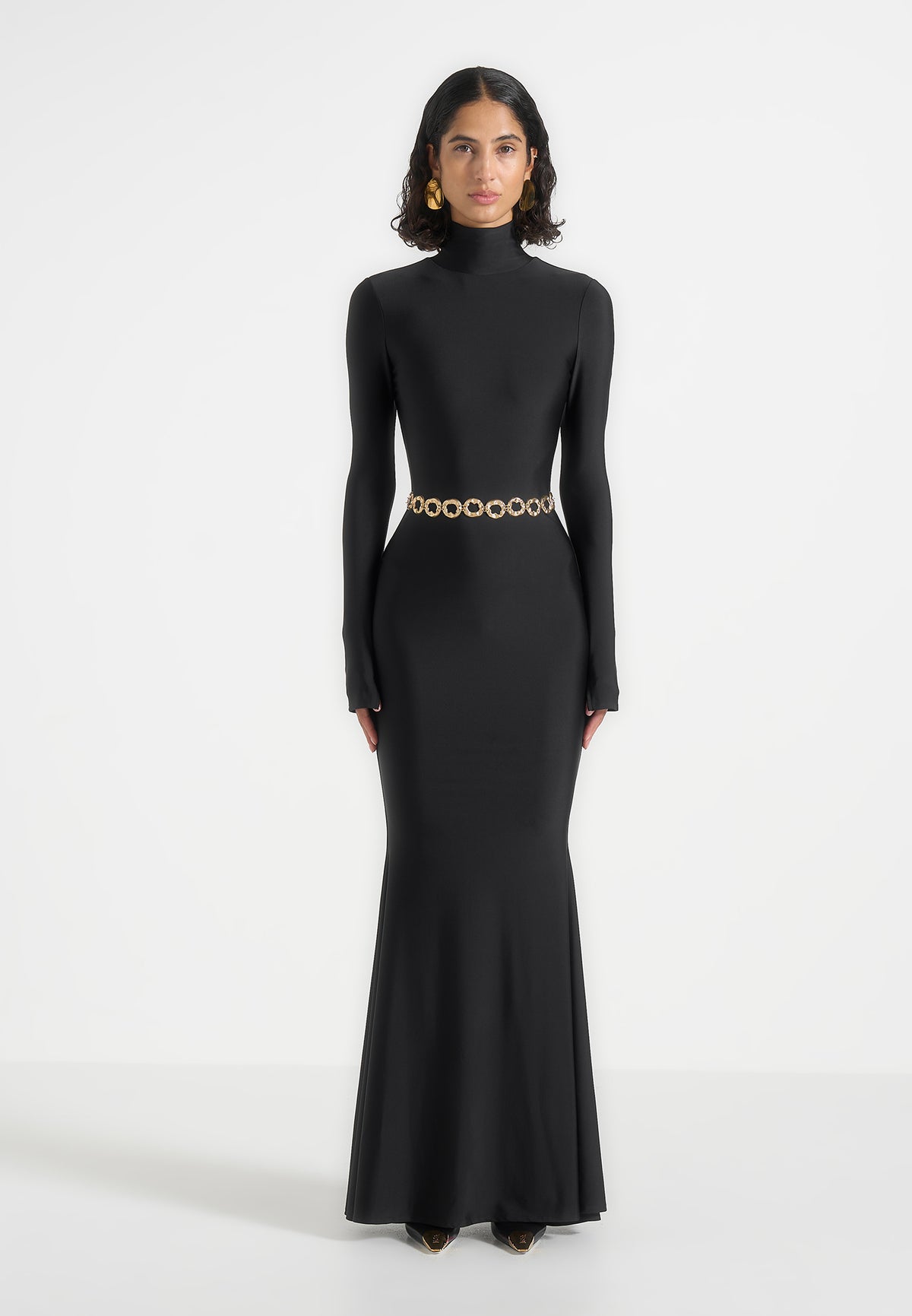Angelica - High Neck Long Sleeve Maxi Dress With Chain Belt - Black