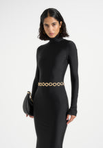 Angelica - High Neck Long Sleeve Maxi Dress With Chain Belt - Black