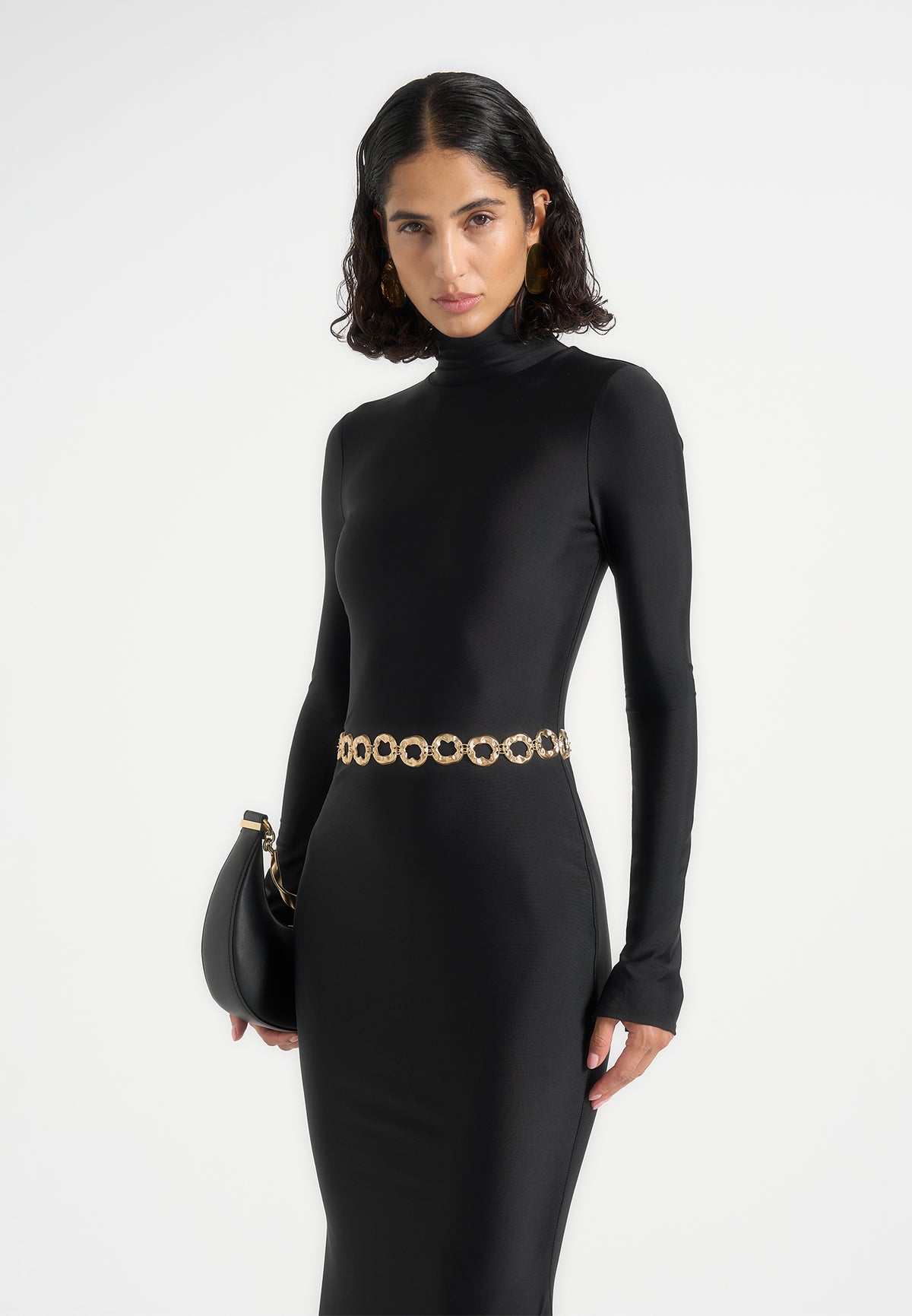 Angelica - High Neck Long Sleeve Maxi Dress With Chain Belt - Black