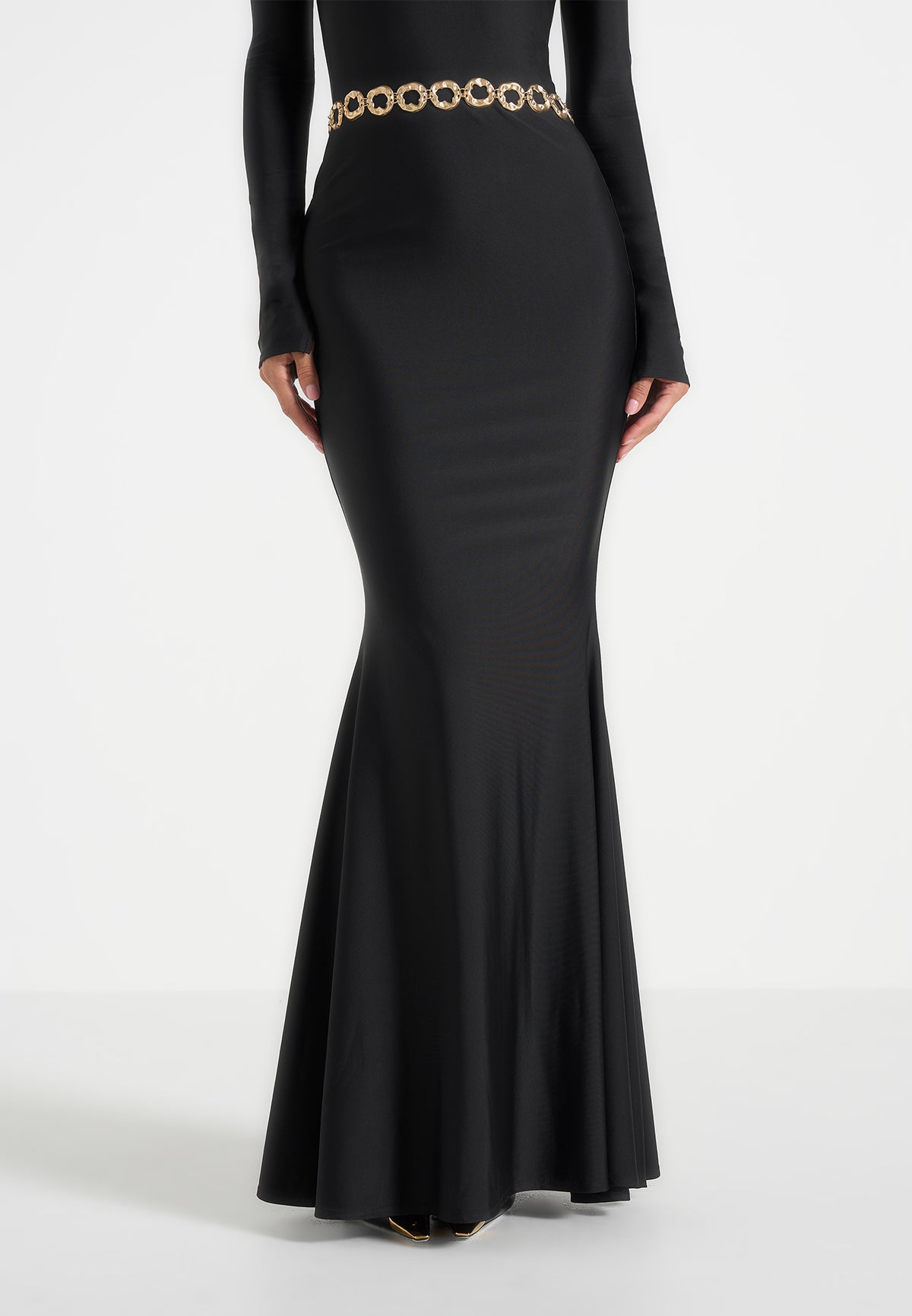 Angelica - High Neck Long Sleeve Maxi Dress With Chain Belt - Black