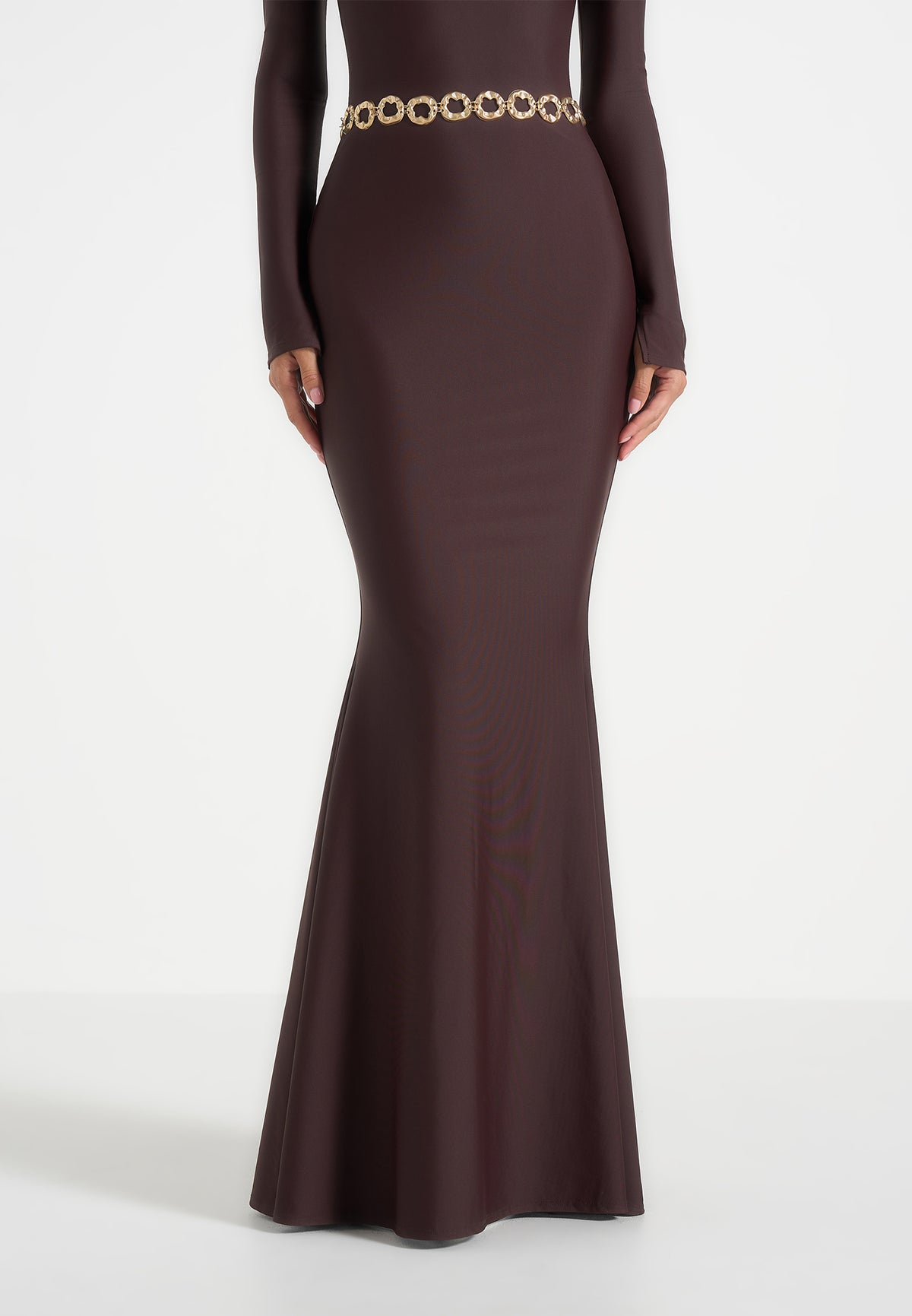 Angelica - High Neck Long Sleeve Maxi Dress With Chain Belt - Brown