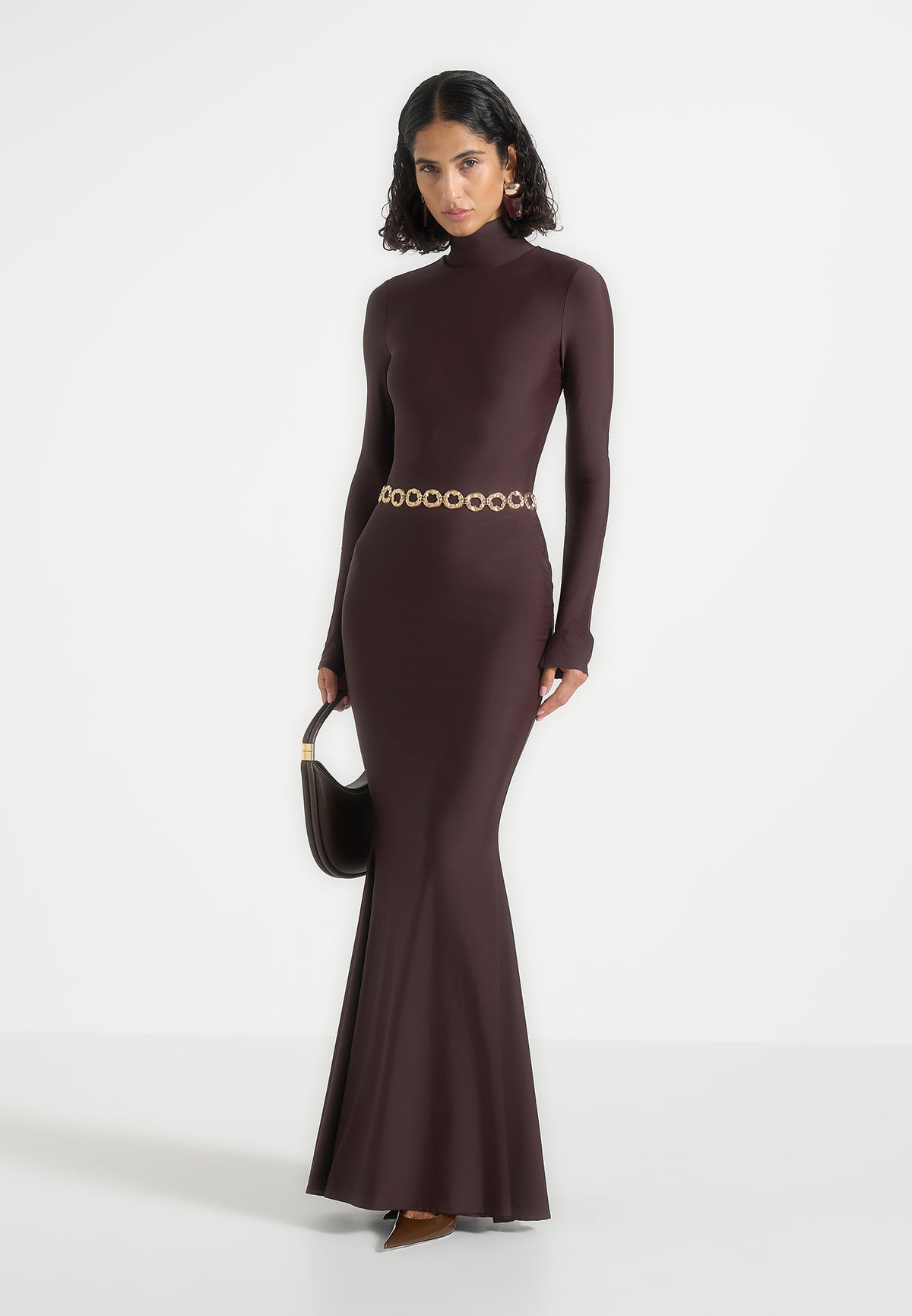 Angelica - High Neck Long Sleeve Maxi Dress With Chain Belt - Brown