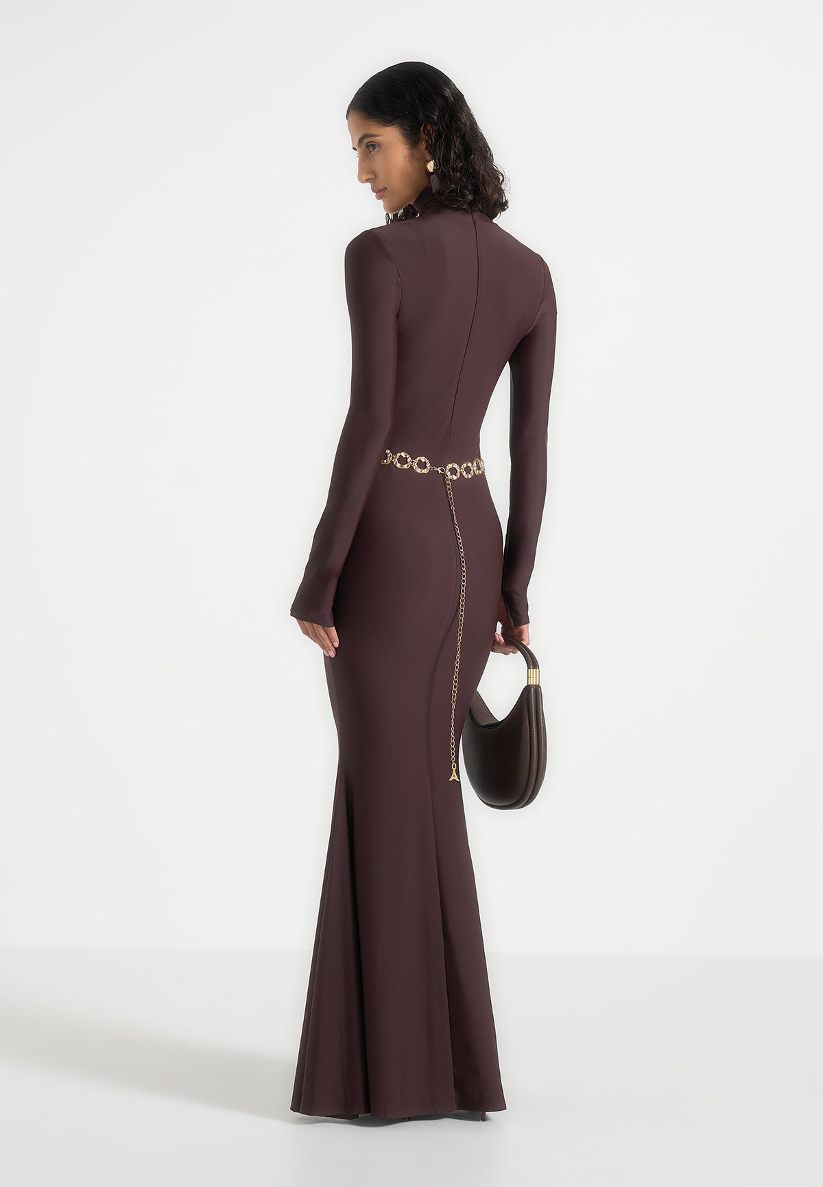 Angelica - High Neck Long Sleeve Maxi Dress With Chain Belt - Brown