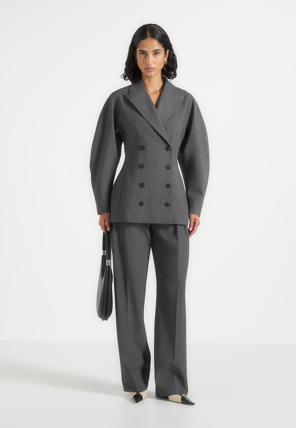 Brooke - Balloon Sleeve Double Breasted Blazer - Grey
