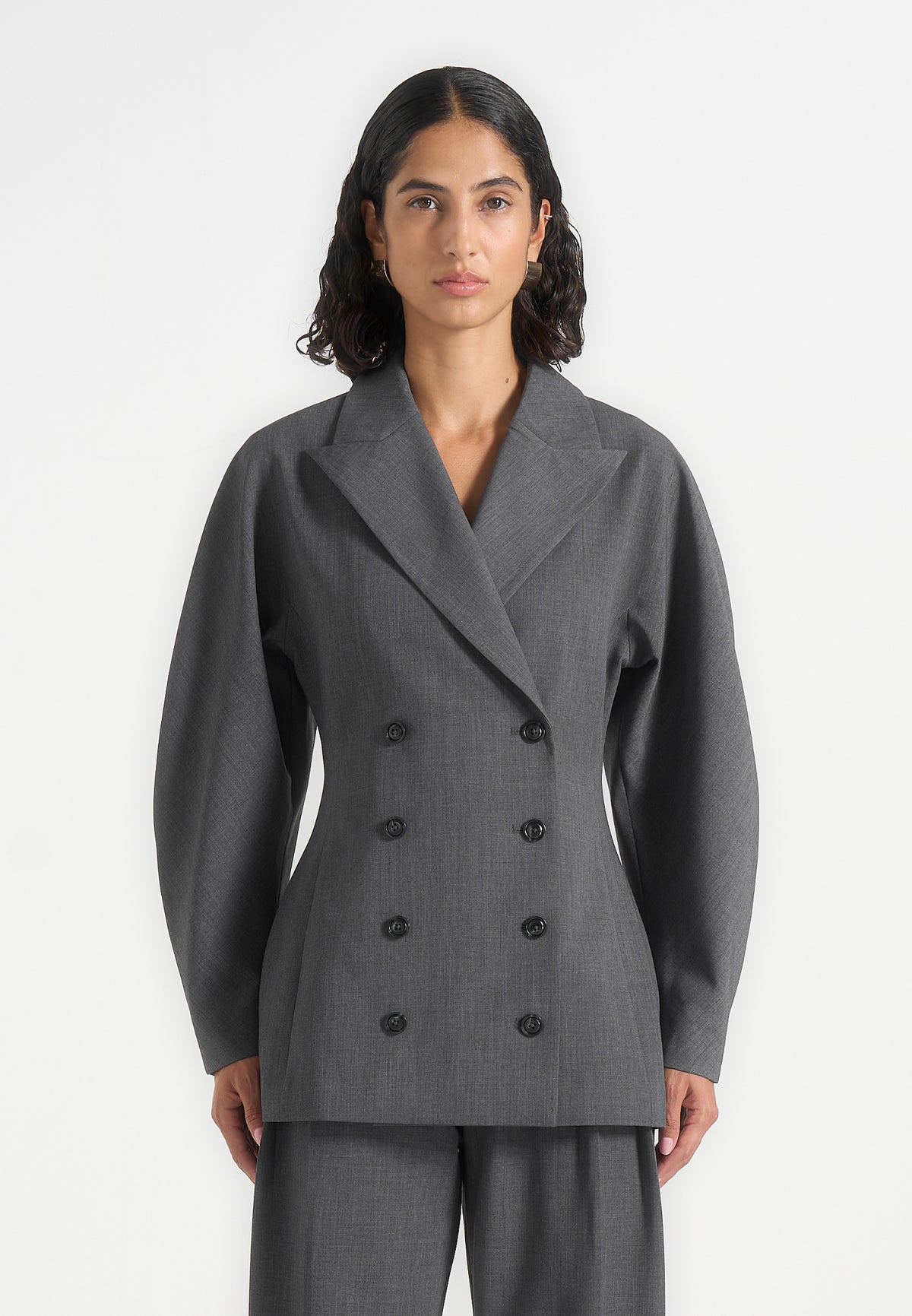 Brooke - Balloon Sleeve Double Breasted Blazer - Grey