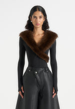 Suki - Fur Collar Long Sleeve Bodysuit - Black / Brown