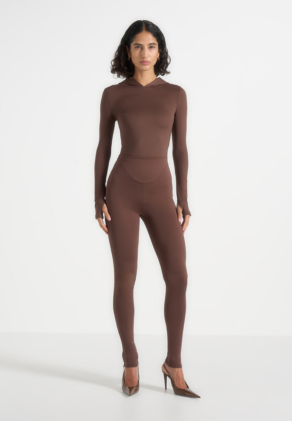 Elara - Hooded Long Sleeve Bodysuit - Brown