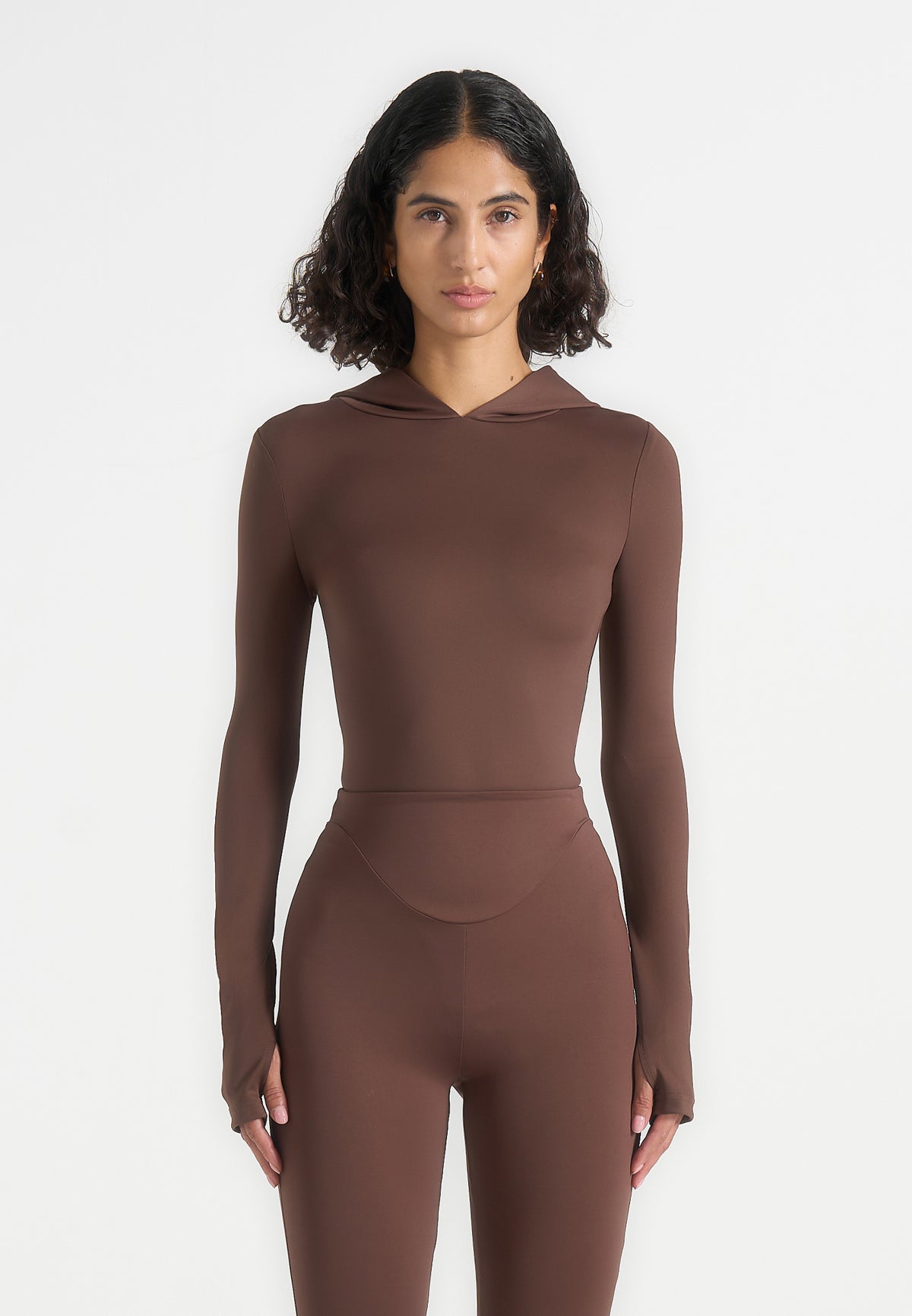 Elara - Hooded Long Sleeve Bodysuit - Brown