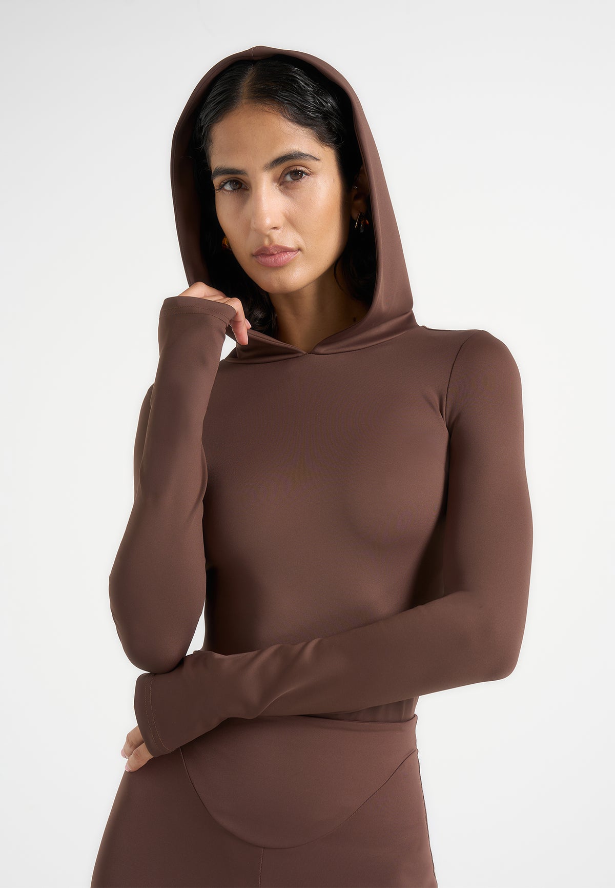 Elara - Hooded Long Sleeve Bodysuit - Brown