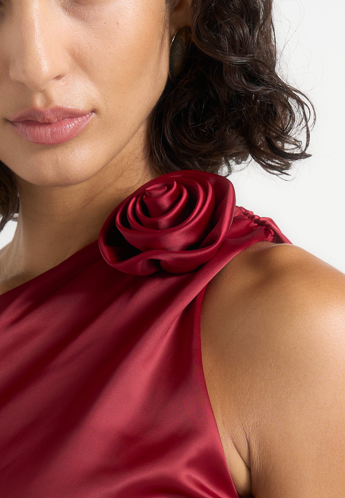 Lilian - One Shoulder Satin Rosette Top - Red