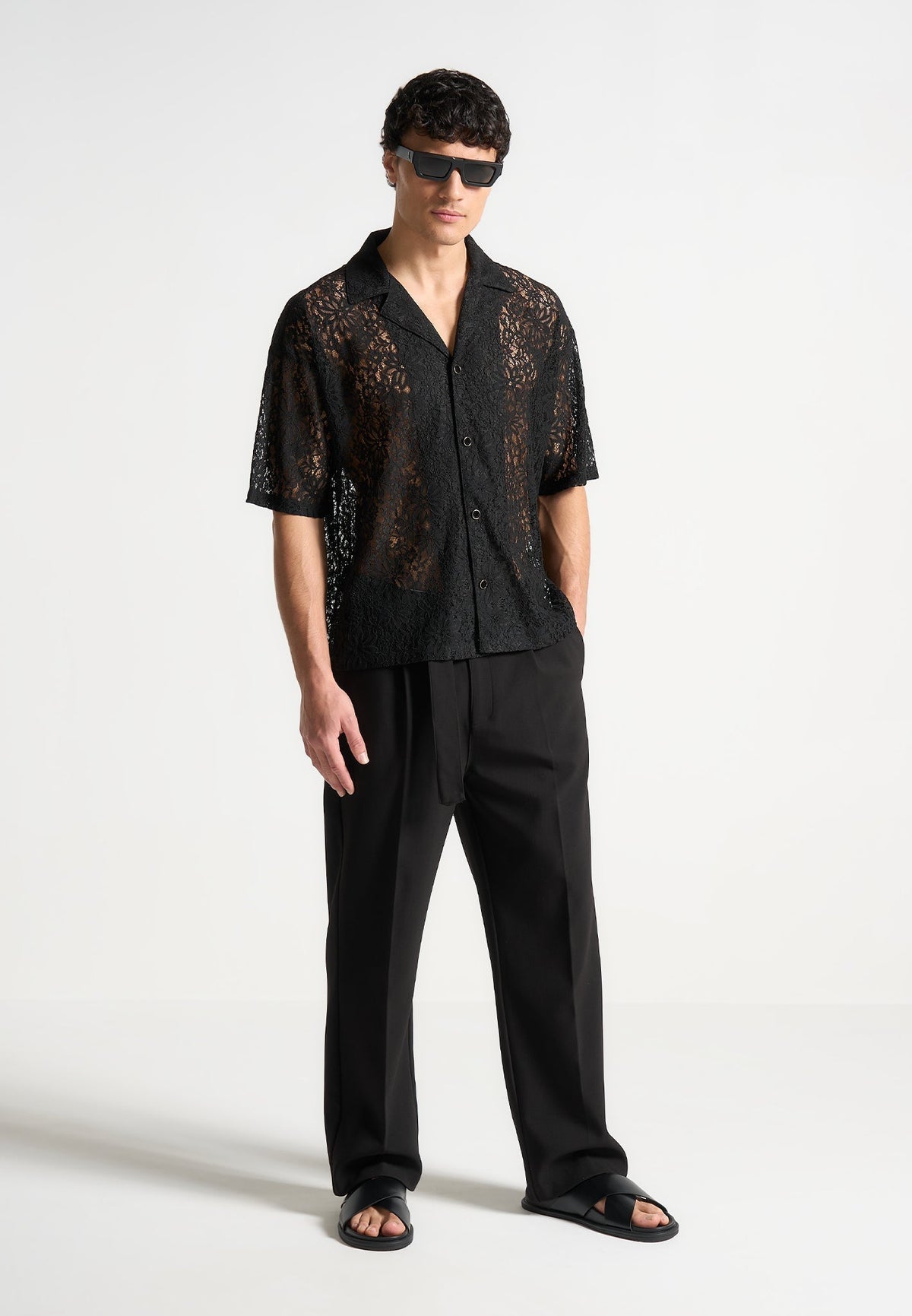 Boxy Lace Revere Shirt - Black